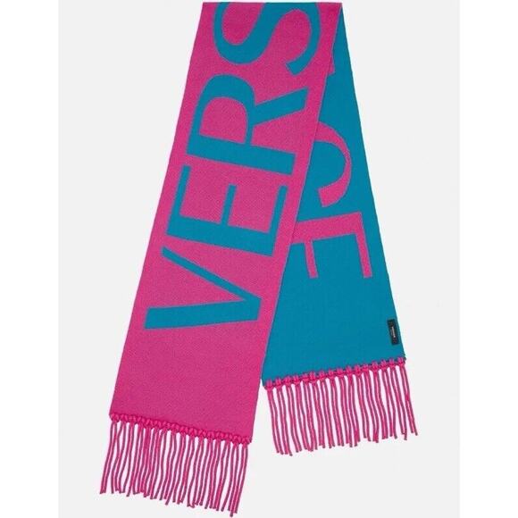 NWT Versace Reversible Teal Pink Fringed Wool Jacquard Logo Scarf 72"x12" $825 - Picture 2 of 13